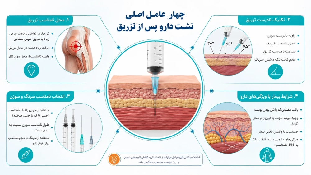 چه عوامی باعث نشت دارو پس از تزریق می شود؟